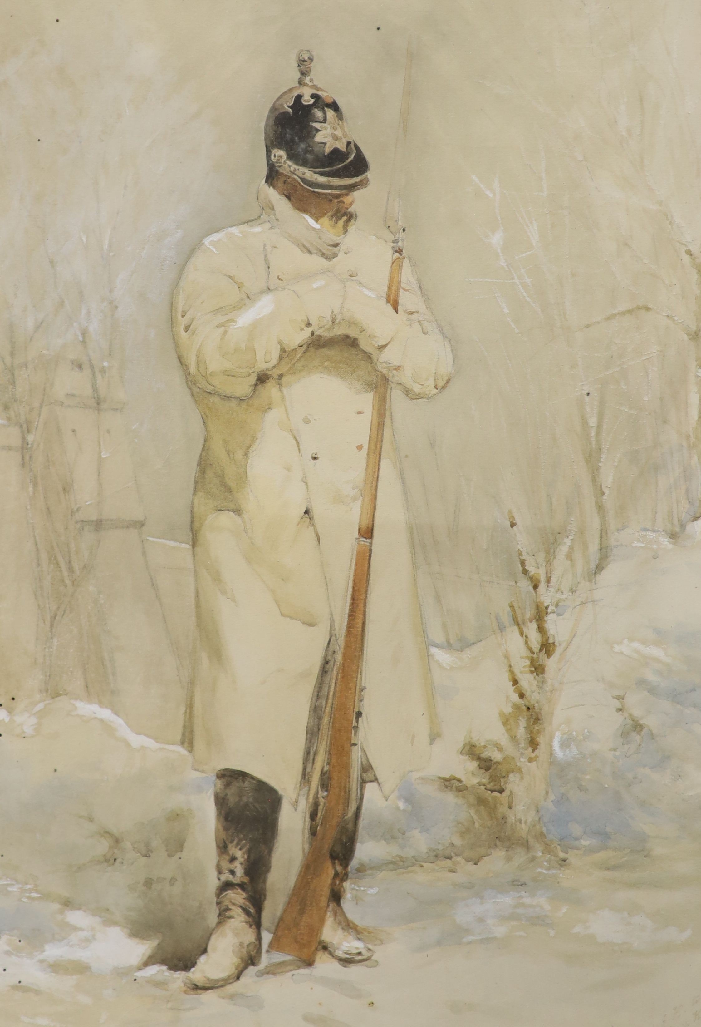 19th century English School, watercolour, Guardsmen in winter, signed and dated 1887, 46 x 34cm